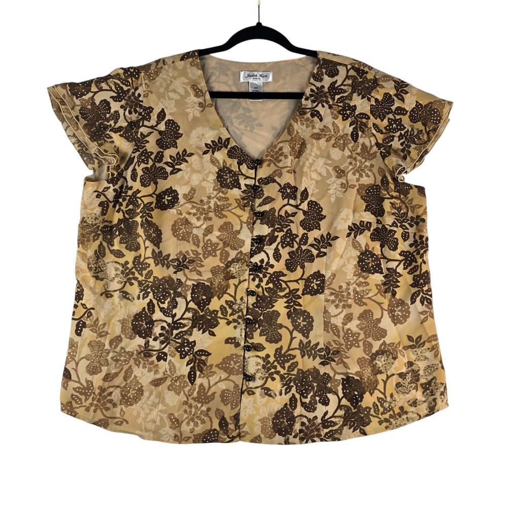 Judith‎ Hart Floral Button Front Blouse Women 18W Tan Brown Short Sleeve V-Neck
